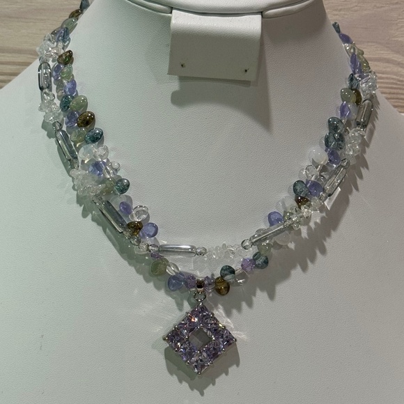 Vtg Necklaces Set Glass Lilac Pebbled And Glass Sea Blue Natural Crystal Quartz - Picture 1 of 12
